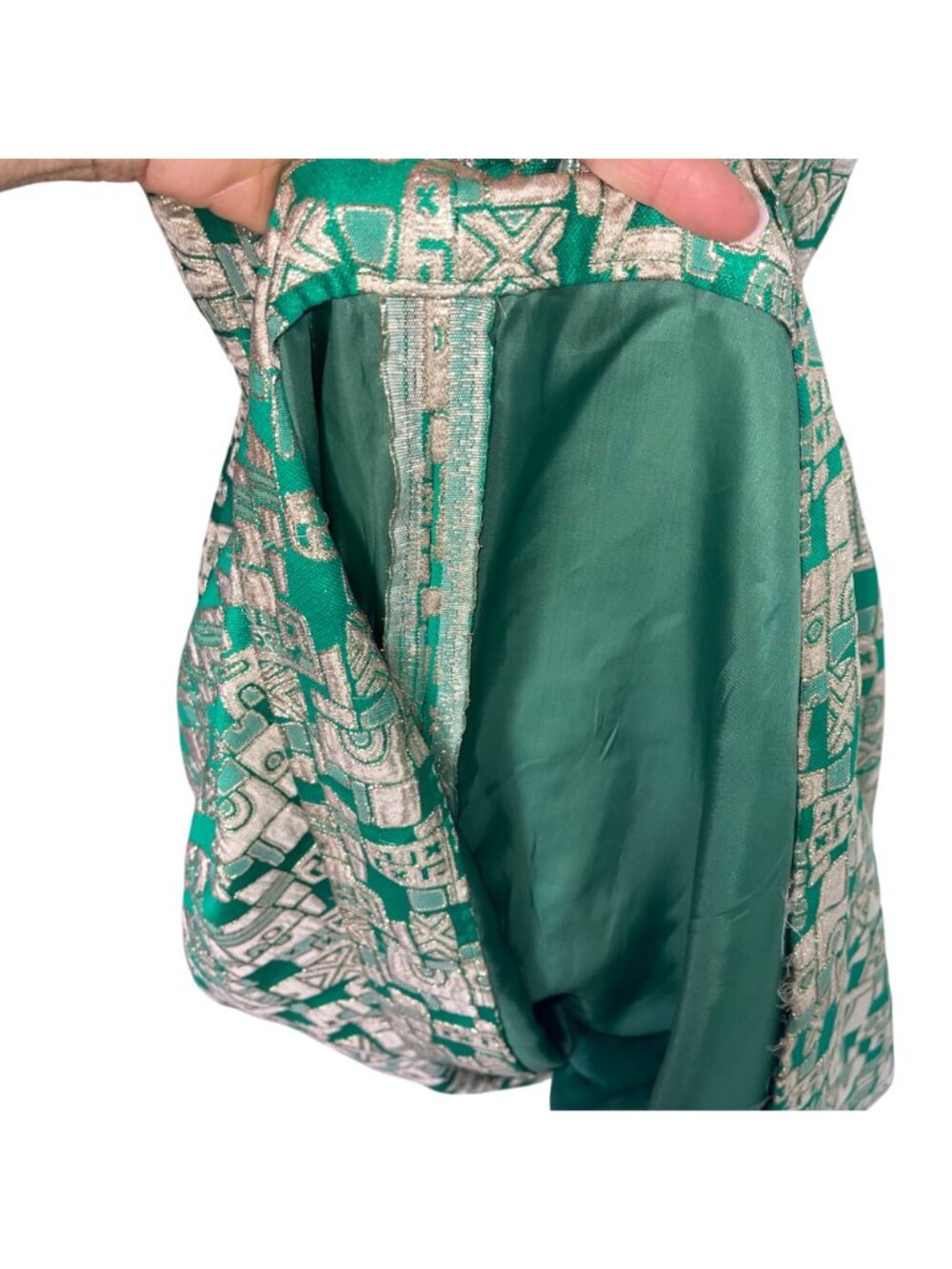 Vintage Womens Pleated Maxi Dress Size Small Green Gold Geometric Print Casual - Picture 12 of 16